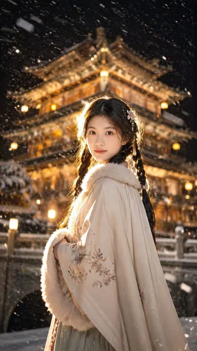 東アジアの古風な雪の夜、映画のような美しく繊細な人像