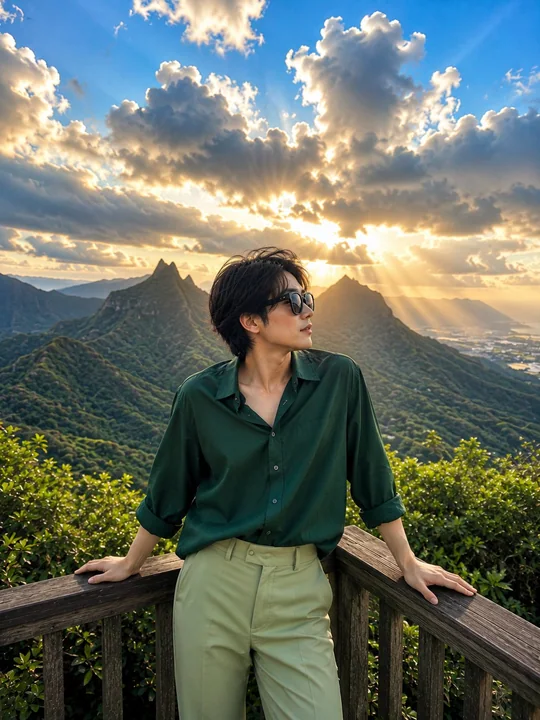 山間の展望台にいる優雅な日本人女性、映画のような旅行ポートレート