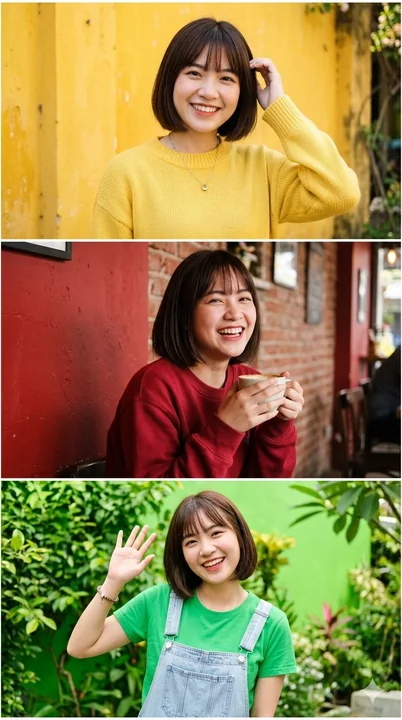 Photographie de portrait verticale en trois images consécutives d’une jeune femme est-asiatique