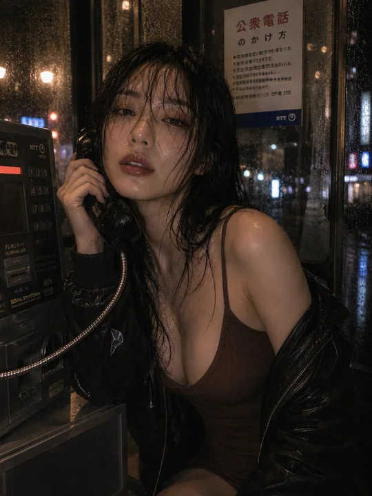 雨の夜の電話ボックスで酔いしれた日本風のプライベートフォト