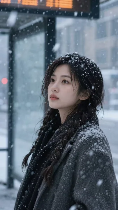 冬の雪景色の都市駅、映画のような人物ポートレート
