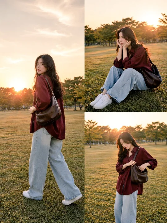 Collage de tenues mode japonaises-coréennes au coucher de soleil doré dans un parc
