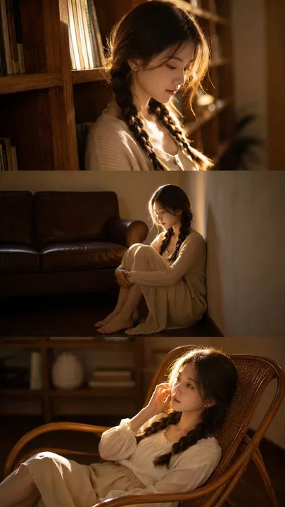 Indoor warm-toned cinematic triptych portrait photography