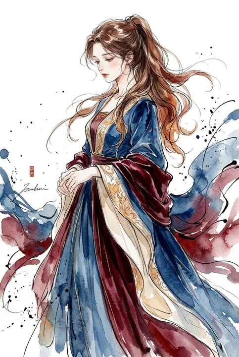 Elegant watercolor ink illustration of a long-haired woman in traditional ancient attire
