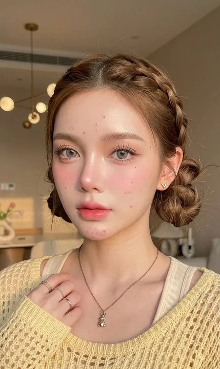 クリーム色のセーターを着た、可愛い表情の少女のクローズアップ