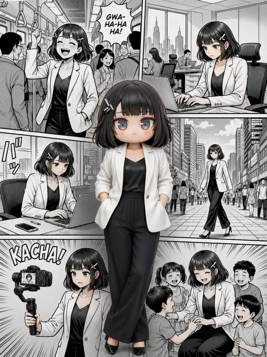 A realistic portrait of a professional woman in front of a comic collage background