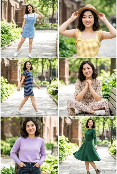 Six-panel portrait collage of East Asian women in outdoor outfits
