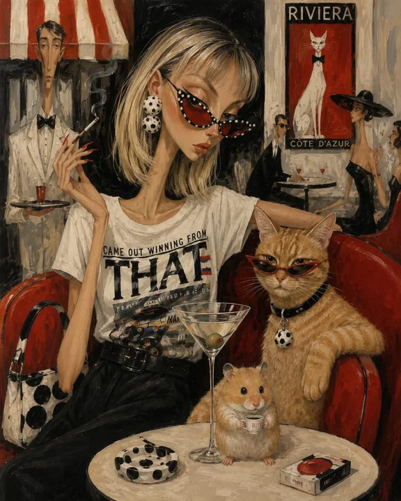 La femme moderne et le chat roux aux lunettes de soleil au café de la Côte d’Azur