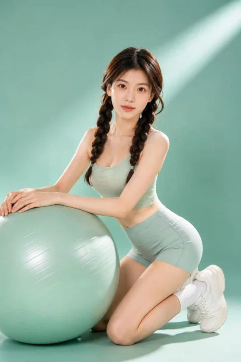 Portrait de fitness minimaliste en vert menthe clair en studio
