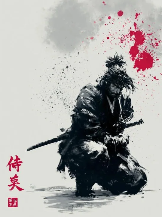 伝統的な日本の水墨画風の浪人武士の後ろ姿