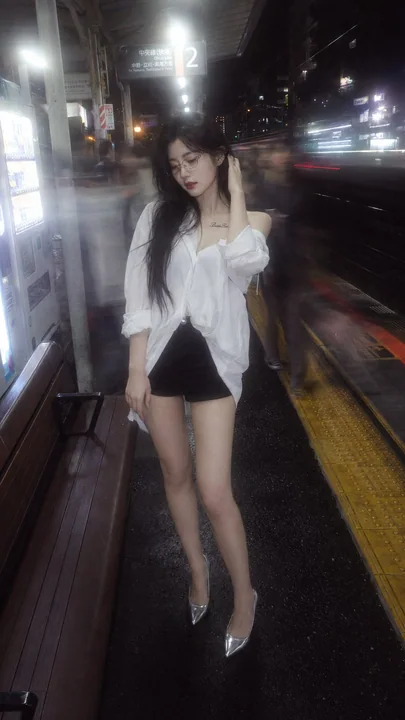 Photographie de portrait dans une gare tard dans la nuit, style idole japonaise