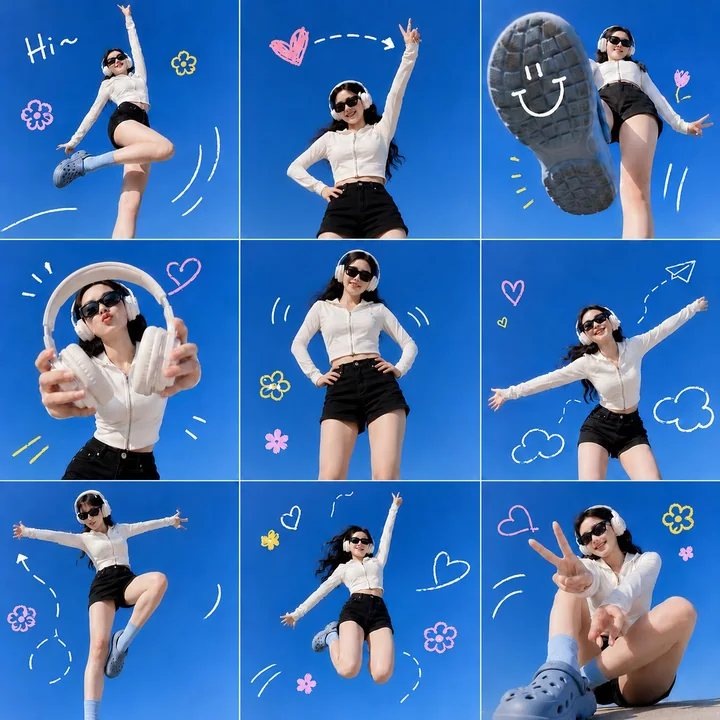 Photographie de portrait féminin en extérieur, style sportif, esthétique tendance en grille de neuf cases