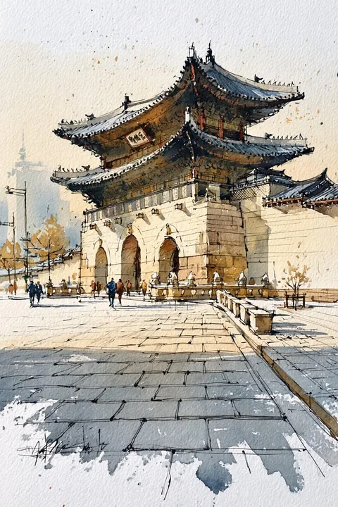 Croquis architectural à l’aquarelle d’une rue de village traditionnel de hanok coréens