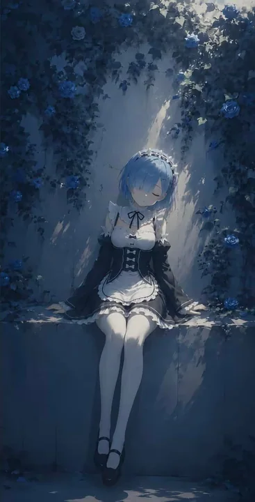 Fille anime mélancolique aux longs cheveux argentés et aux yeux violets, avec un banc en pierre en arrière-plan