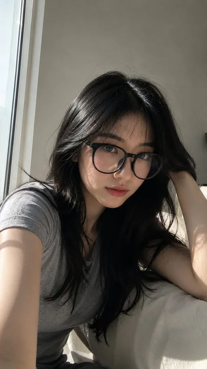 Realistic smartphone selfie of an East Asian woman in sunlight by the window