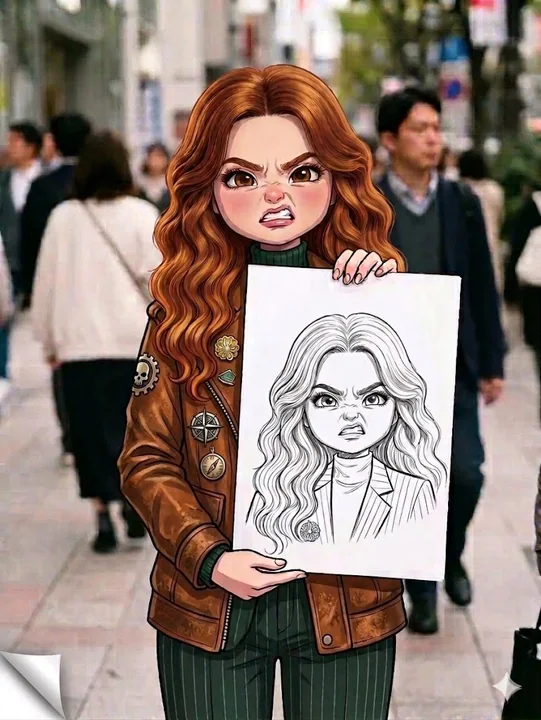 An angry chibi girl holding a sketchbook on a bustling street