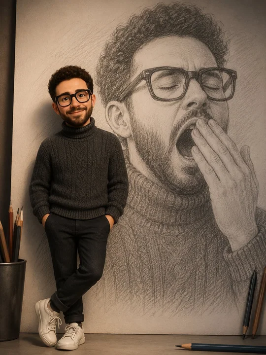 ピクサー3Dと手描き鉛筆スケッチの複合アート