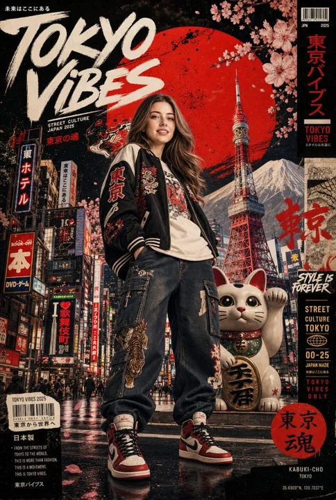 Affiche de streetwear japonais ultra détaillée, femme sud-asiatique, scène de rue à Tokyo