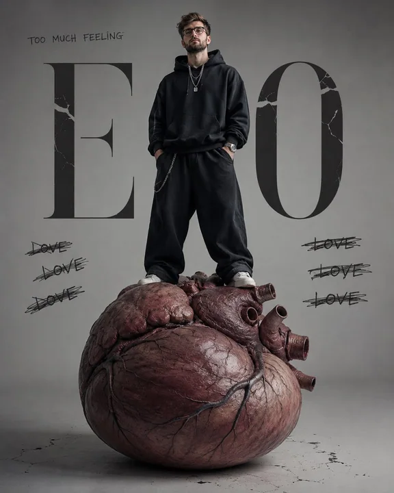 Fashion concept portrait of a boy in black standing on a giant heart