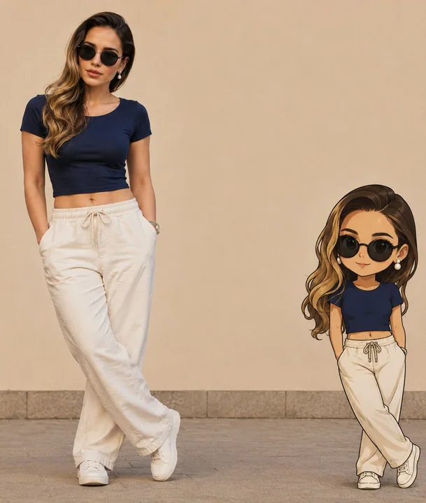 Comparison portrait of a real person and their chibi avatar