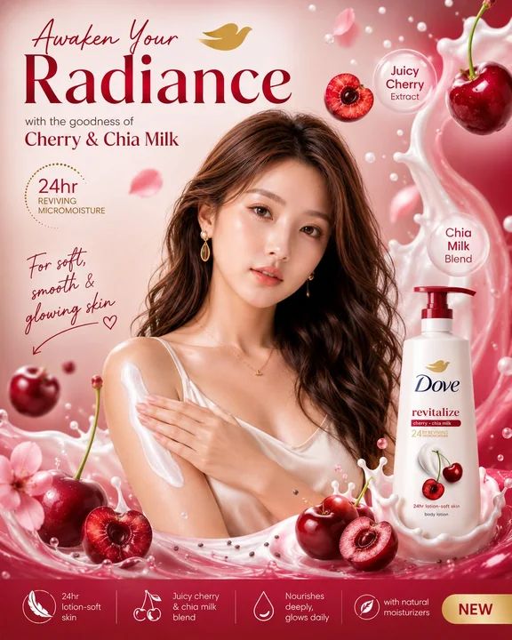 Affiche publicitaire de cosmétique de luxe : Crème corporelle aux cerises et chia