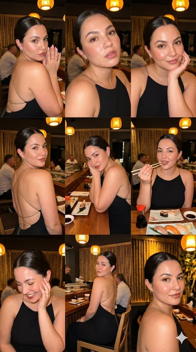 Beautiful woman in a black backless outfit at a luxury sushi restaurant, 3x3 collage selfie