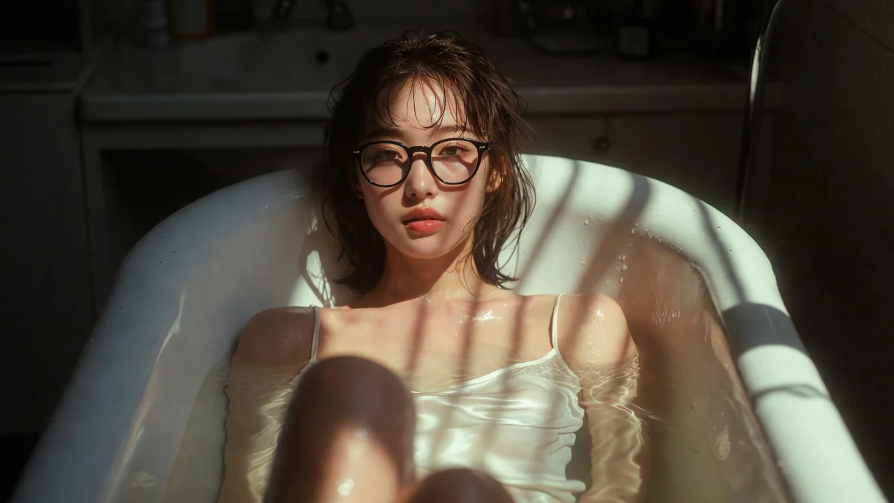 Portrait réaliste d’une femme japonaise ou coréenne portant des lunettes à monture noire dans une baignoire