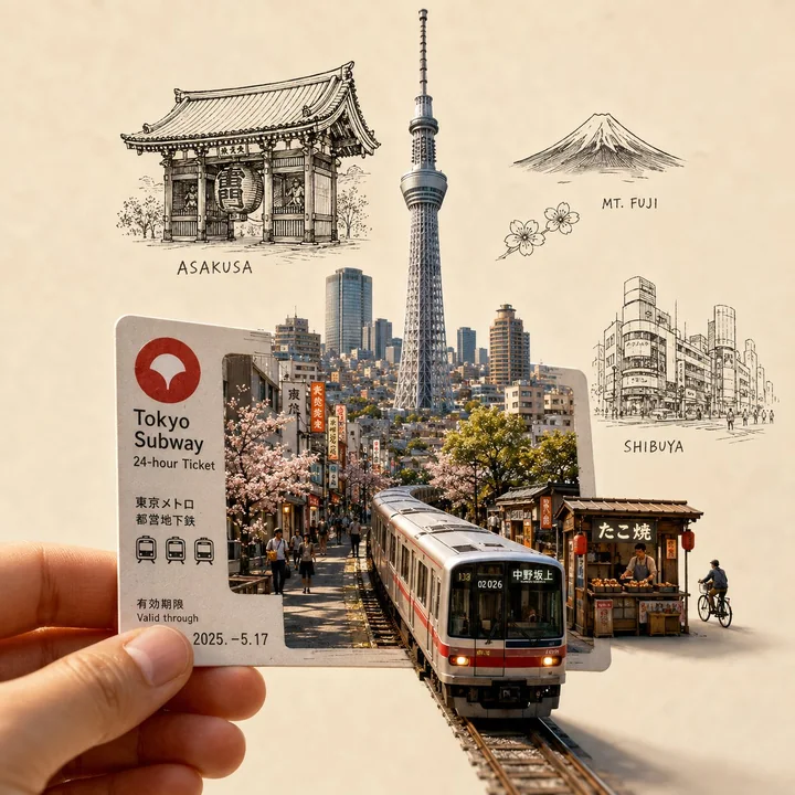 Billet d’entrée urbain, paysage miniature, illustration artistique de voyage
