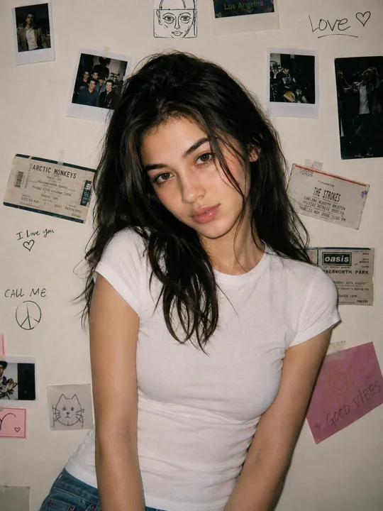 Instantané d’une jeune fille en T-shirt blanc, ambiance pellicule rétro des années 90