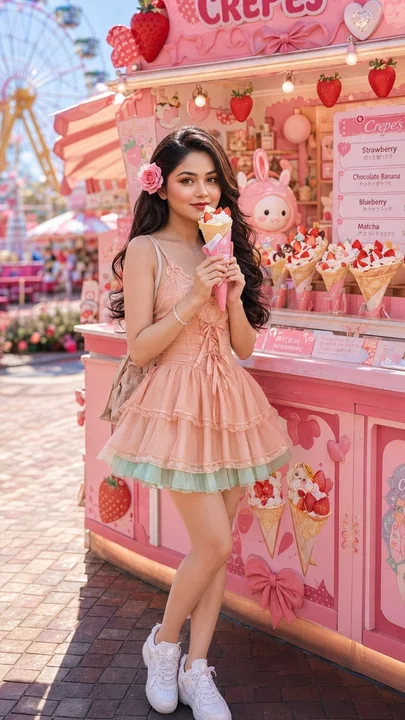 Photo shoot of a beautiful Asian woman at a crepe stand in an amusement park