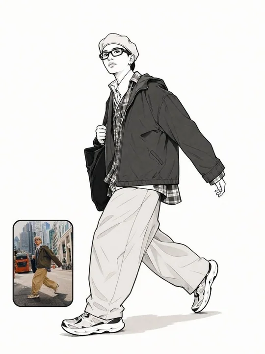 Black-and-white manga line art style full-body character design