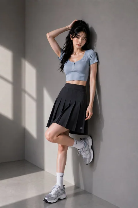 Éditorial de mode mettant en scène une femme est-asiatique dans un style sport-luxe minimaliste
