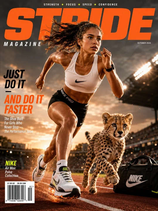 Poster of a Nike athletic girl competing on the same stage with a cheetah