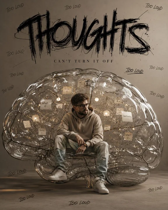 Surreal art of a trendy man in a glass chrome wire brain