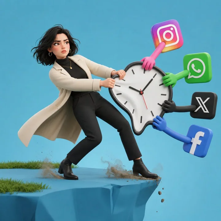Une femme de style Pixar et des icônes de réseaux sociaux se disputent une horloge en train de fondre