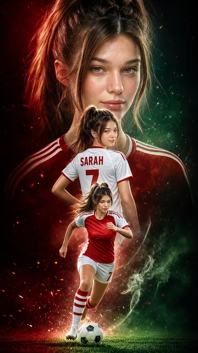 Affiche promotionnelle cinématographique hyperréaliste d’une joueuse de football féminin