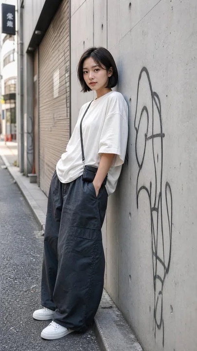 壁際に立つ短髪の日本人女性の写実的な肖像