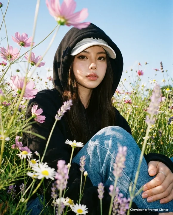 Fille en sweat à capuche noir photographiée en hauteur parmi des fleurs sauvages