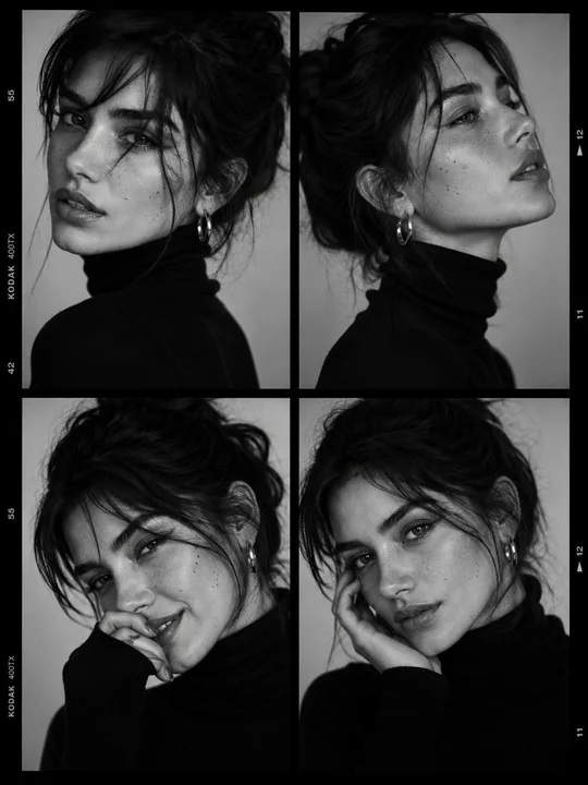 Portrait en quatre cases d’un top model de mode de luxe en noir et blanc lors d’un casting