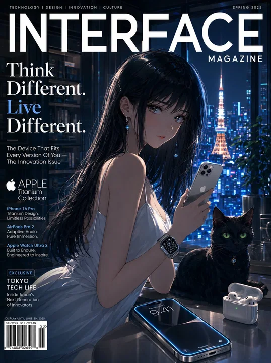 Conception de la couverture d'un magazine en style anime minimaliste Apple