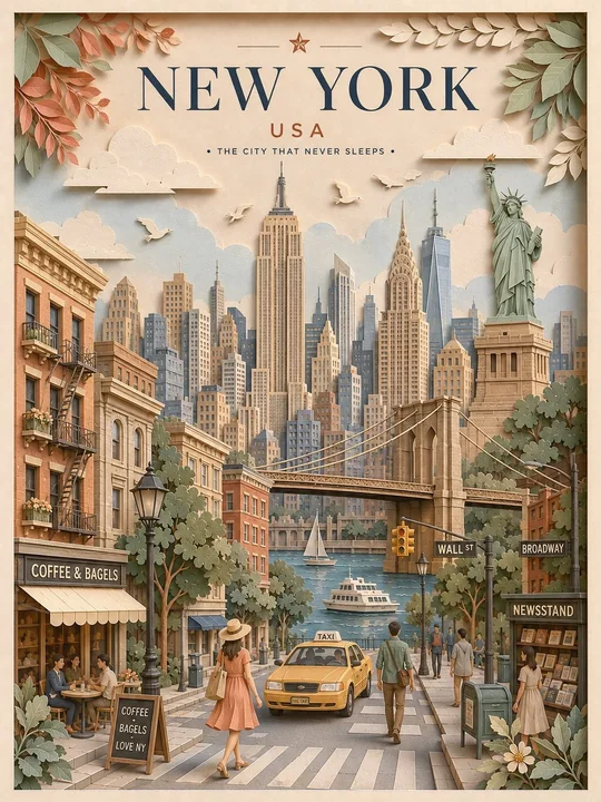 3D Stereoscopic Layered Paper-Cutting Style Travel Poster