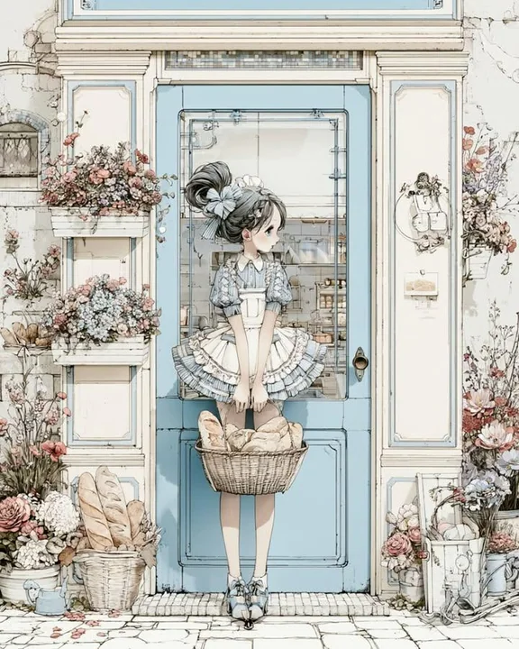 快適なレトロなパン屋の外観のアニメ風少女のイラスト