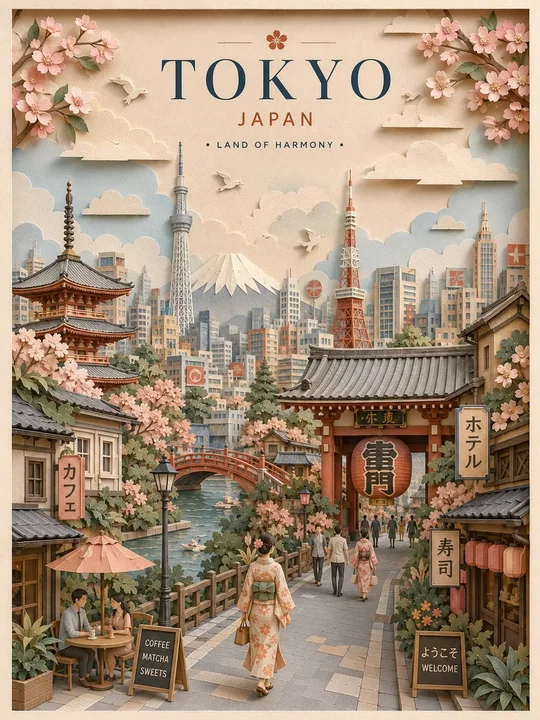 Elegant 3D layered paper-cut style city travel poster