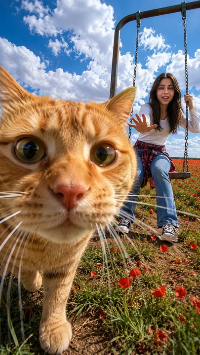 Summer field swing realistic photography with a cat stealing the spotlight