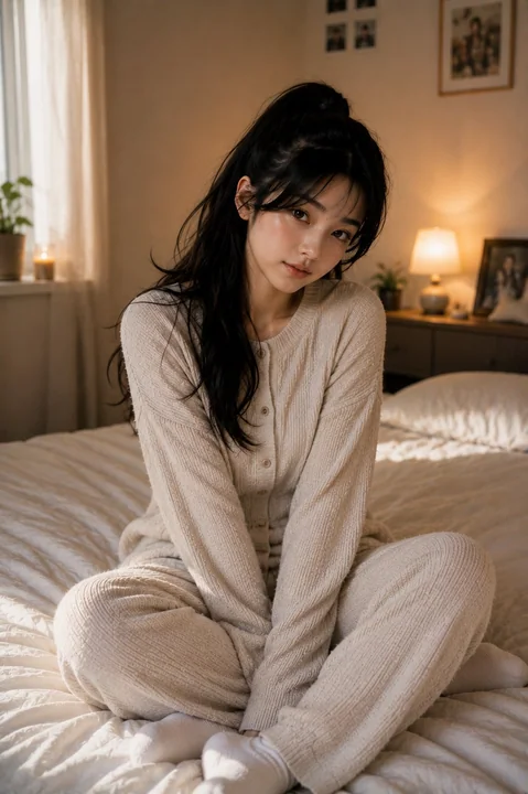 東アジアの温かみのある少女が寝室で生活している人像
