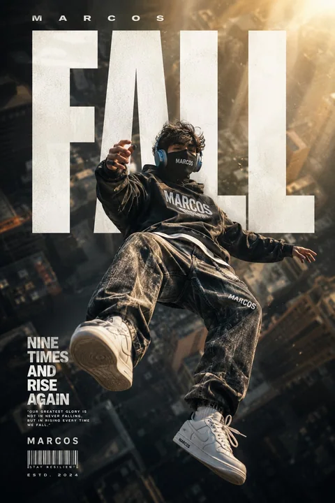 Affiche cinématographique streetwear d’un jeune homme masqué en lévitation
