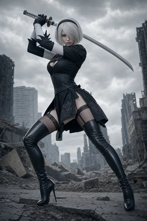Extremely sweet Japanese idol face 2B ruin battle stance