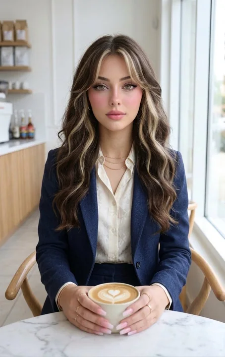 Upscale café, beautiful woman in a cream tube top, DSLR portrait