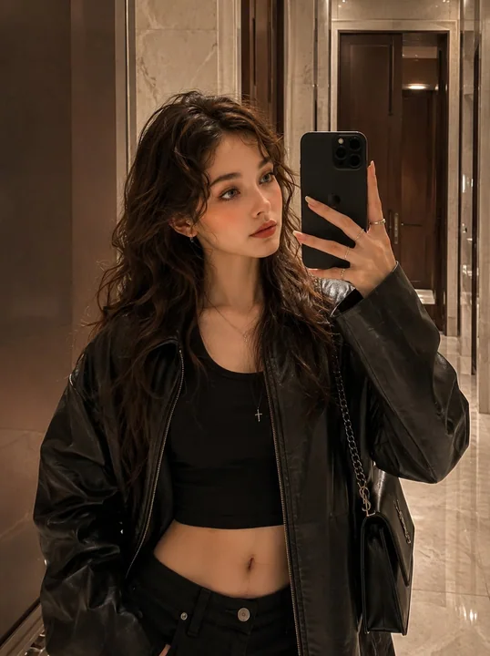 صورة سيلفي أمام المرآة لمدونة أزياء كورية في فندق فاخر