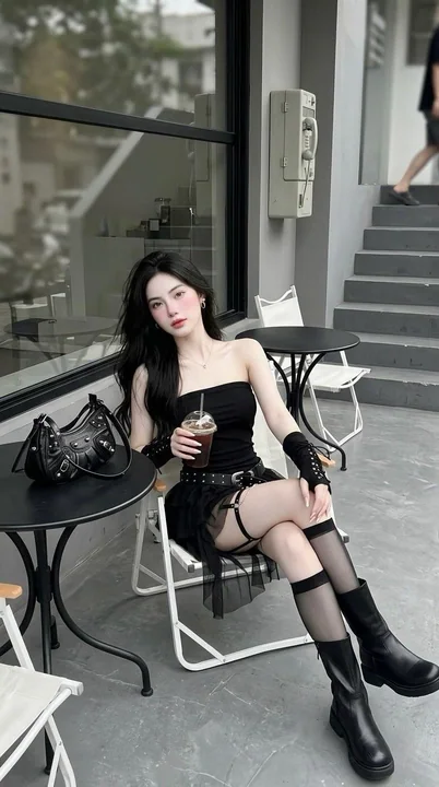 极简咖啡馆黑裙少女全身街拍